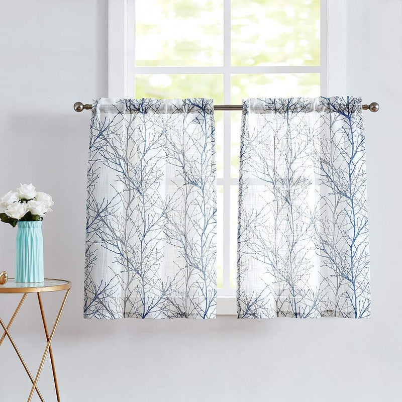 FMFUNCTEX Blue Kitchen Curtains 36â€ Grey Tree Print on White Tier Curtain Set for Small Windows Basement Room Bathroom, 2 Panels - Image 1